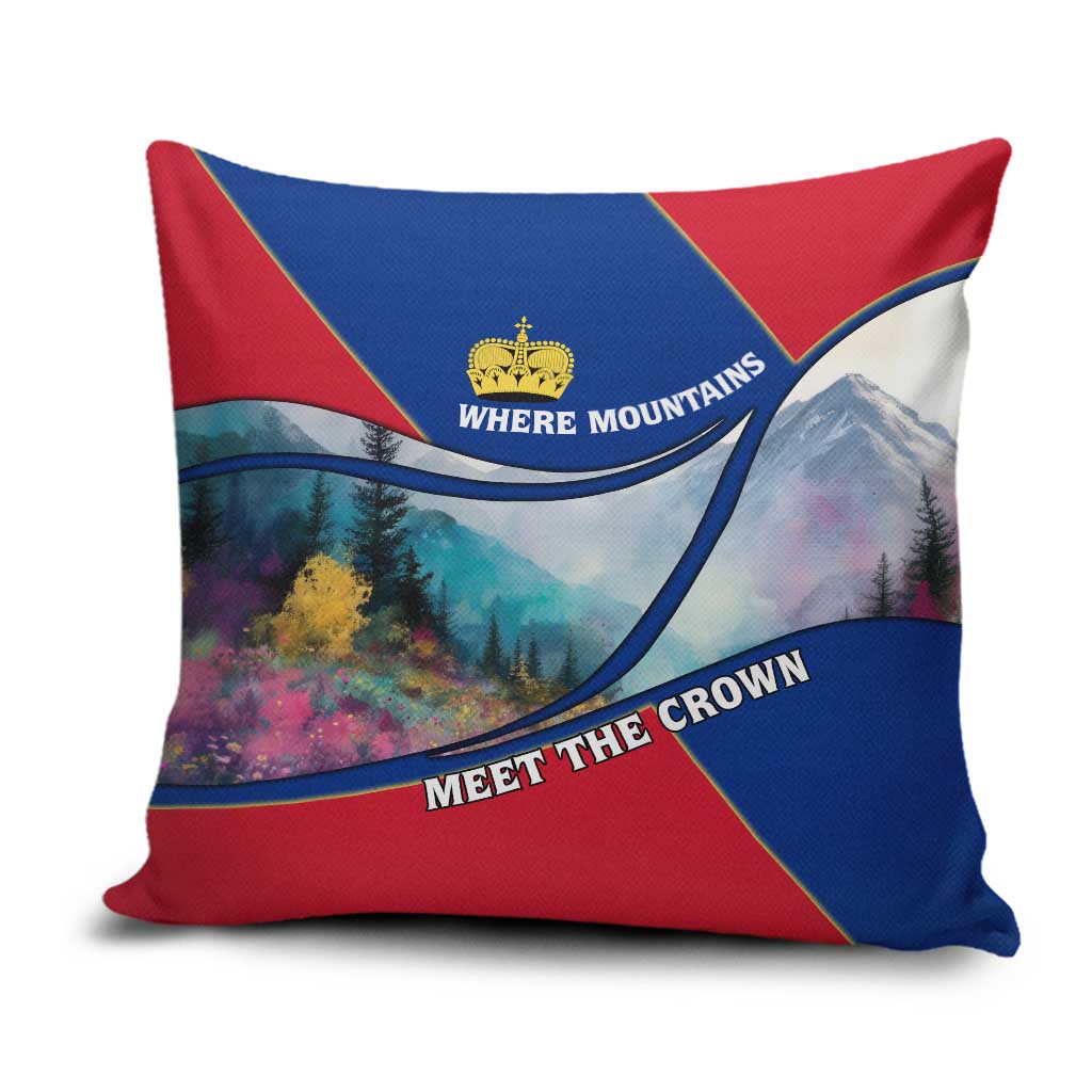 Liechtenstein Pillow Cover with Red Blue Mountain Landscape Design and Crown Emblem - Wonder Print Shop