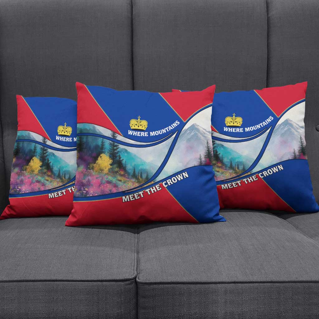 Liechtenstein Pillow Cover with Red Blue Mountain Landscape Design and Crown Emblem - Wonder Print Shop