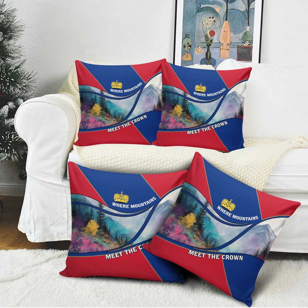Liechtenstein Pillow Cover with Red Blue Mountain Landscape Design and Crown Emblem - Wonder Print Shop
