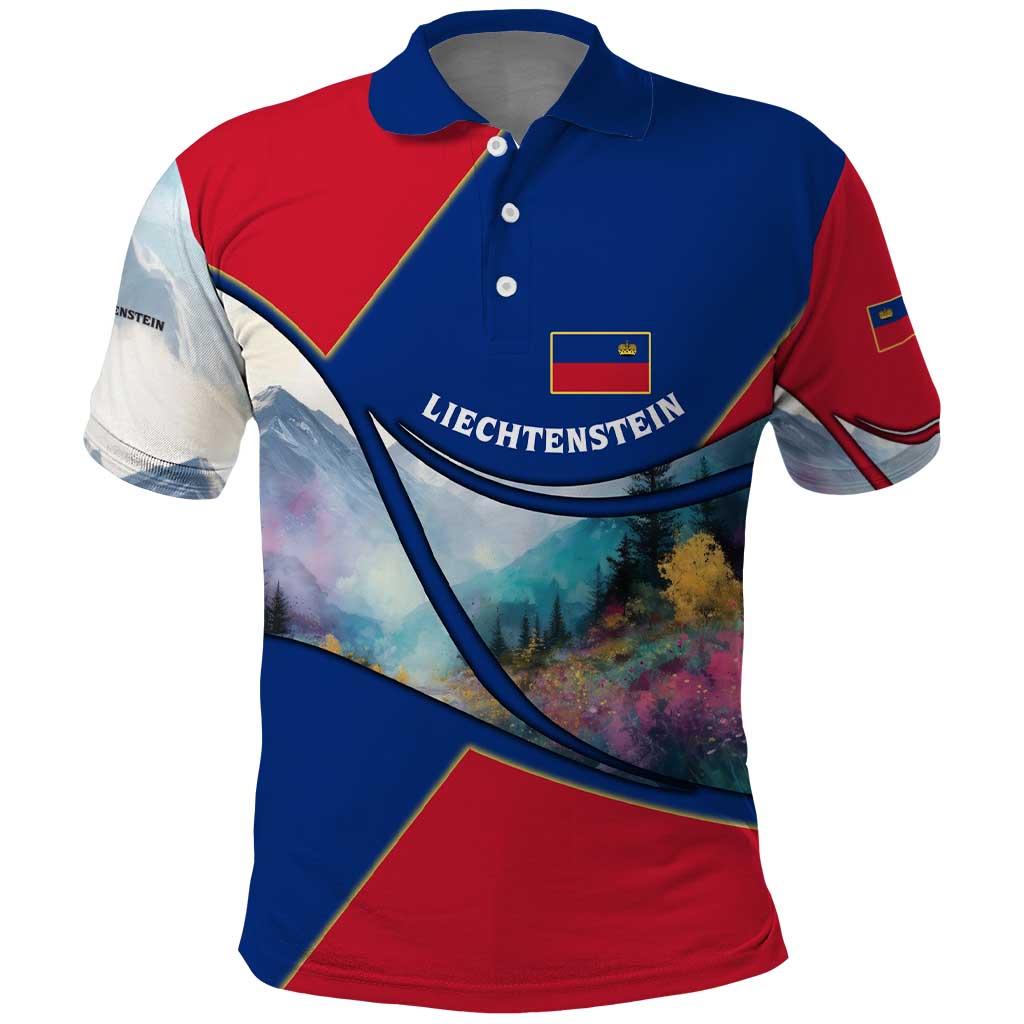 Liechtenstein Polo Shirt with Red Blue Mountain Landscape Design and Crown Emblem - Wonder Print Shop