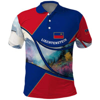 Liechtenstein Polo Shirt with Red Blue Mountain Landscape Design and Crown Emblem - Wonder Print Shop