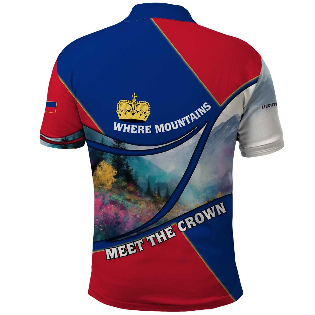Liechtenstein Polo Shirt with Red Blue Mountain Landscape Design and Crown Emblem - Wonder Print Shop