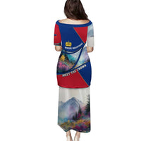 Liechtenstein Puletasi with Red Blue Mountain Landscape Design and Crown Emblem - Wonder Print Shop