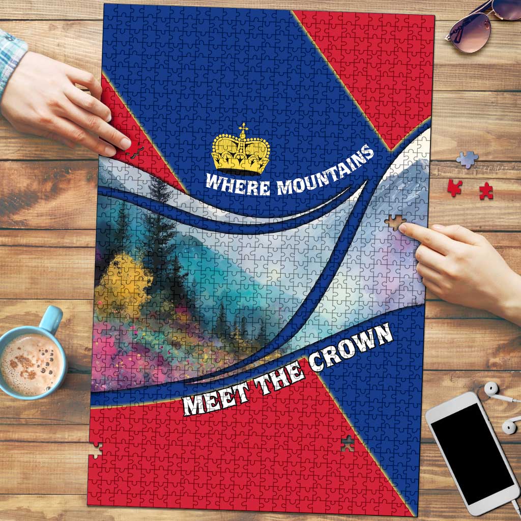 Liechtenstein Puzzle with Red Blue Mountain Landscape Design and Crown Emblem - Wonder Print Shop