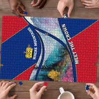 Liechtenstein Puzzle with Red Blue Mountain Landscape Design and Crown Emblem - Wonder Print Shop