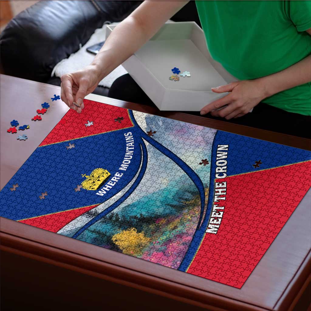 Liechtenstein Puzzle with Red Blue Mountain Landscape Design and Crown Emblem - Wonder Print Shop