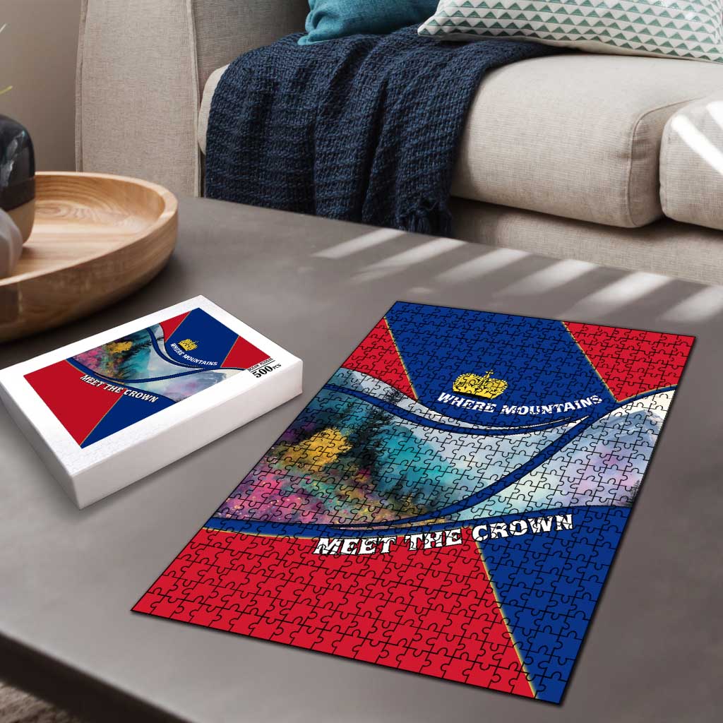 Liechtenstein Puzzle with Red Blue Mountain Landscape Design and Crown Emblem - Wonder Print Shop