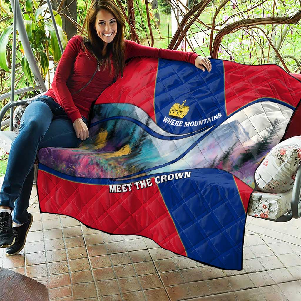 Liechtenstein Quilt with Red Blue Mountain Landscape Design and Crown Emblem - Wonder Print Shop