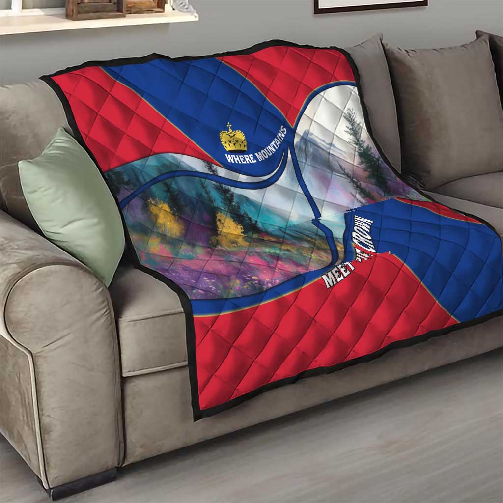 Liechtenstein Quilt with Red Blue Mountain Landscape Design and Crown Emblem - Wonder Print Shop