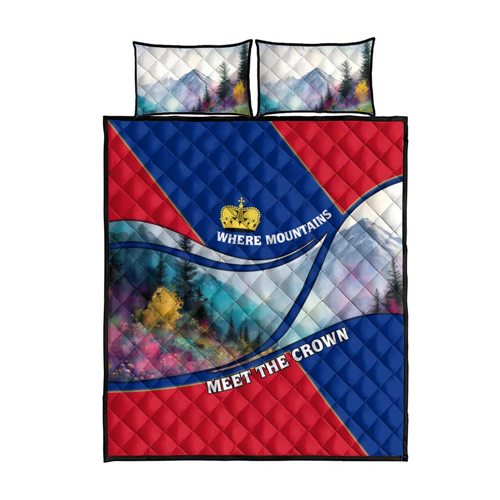 Liechtenstein Quilt Bed Set with Red Blue Mountain Landscape Design and Crown Emblem - Wonder Print Shop