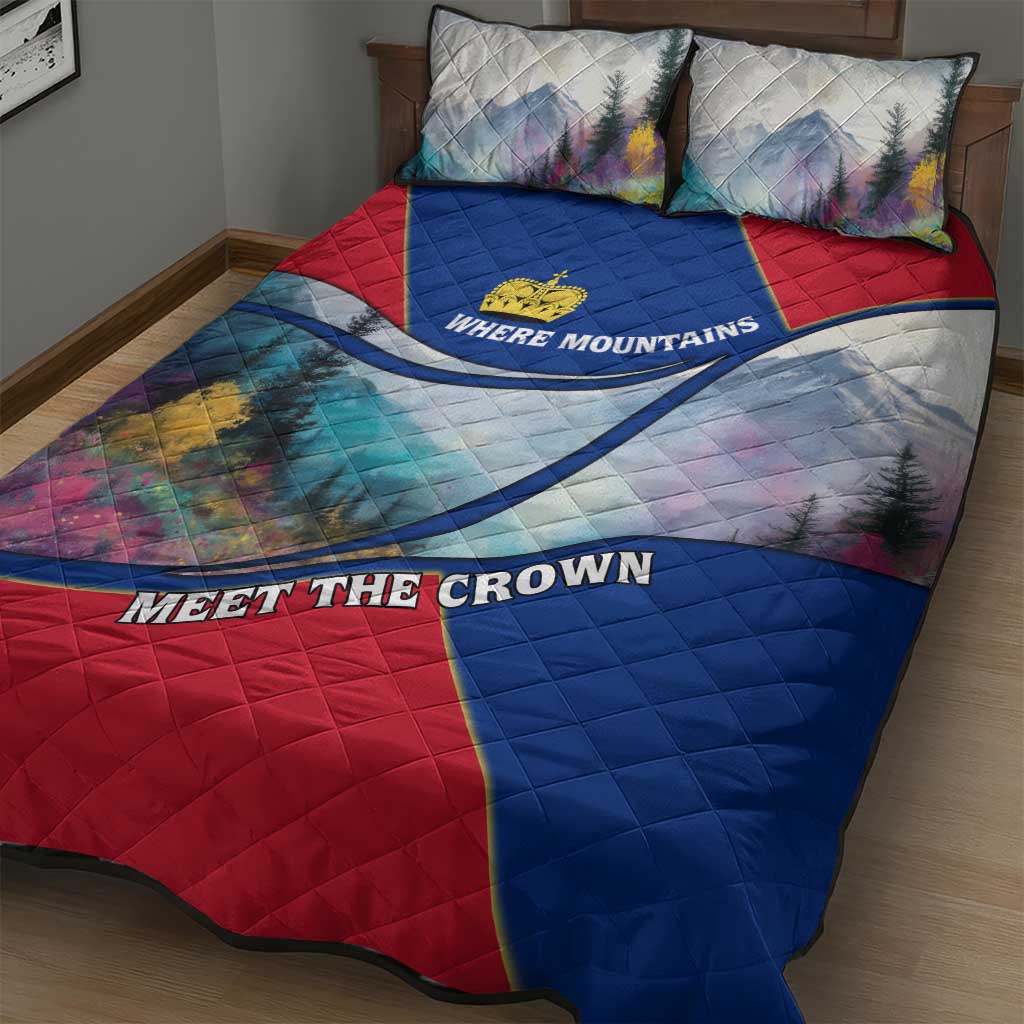 Liechtenstein Quilt Bed Set with Red Blue Mountain Landscape Design and Crown Emblem - Wonder Print Shop