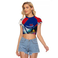 Liechtenstein Raglan Cropped T Shirt with Red Blue Mountain Landscape Design and Crown Emblem - Wonder Print Shop