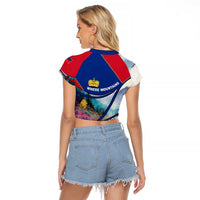 Liechtenstein Raglan Cropped T Shirt with Red Blue Mountain Landscape Design and Crown Emblem - Wonder Print Shop