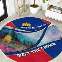 Liechtenstein Round Carpet with Red Blue Mountain Landscape Design and Crown Emblem - Wonder Print Shop