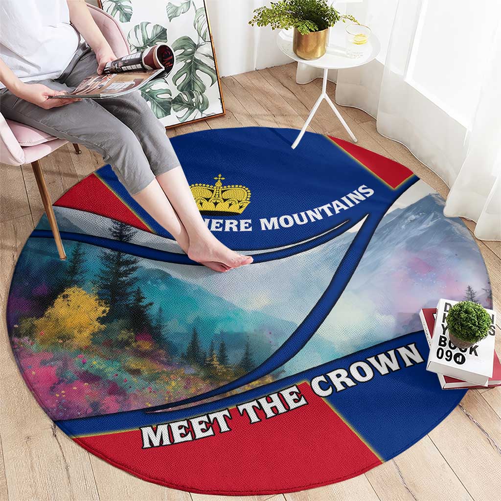 Liechtenstein Round Carpet with Red Blue Mountain Landscape Design and Crown Emblem - Wonder Print Shop
