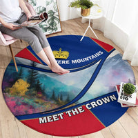 Liechtenstein Round Carpet with Red Blue Mountain Landscape Design and Crown Emblem - Wonder Print Shop