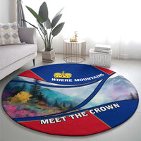Liechtenstein Round Carpet with Red Blue Mountain Landscape Design and Crown Emblem - Wonder Print Shop