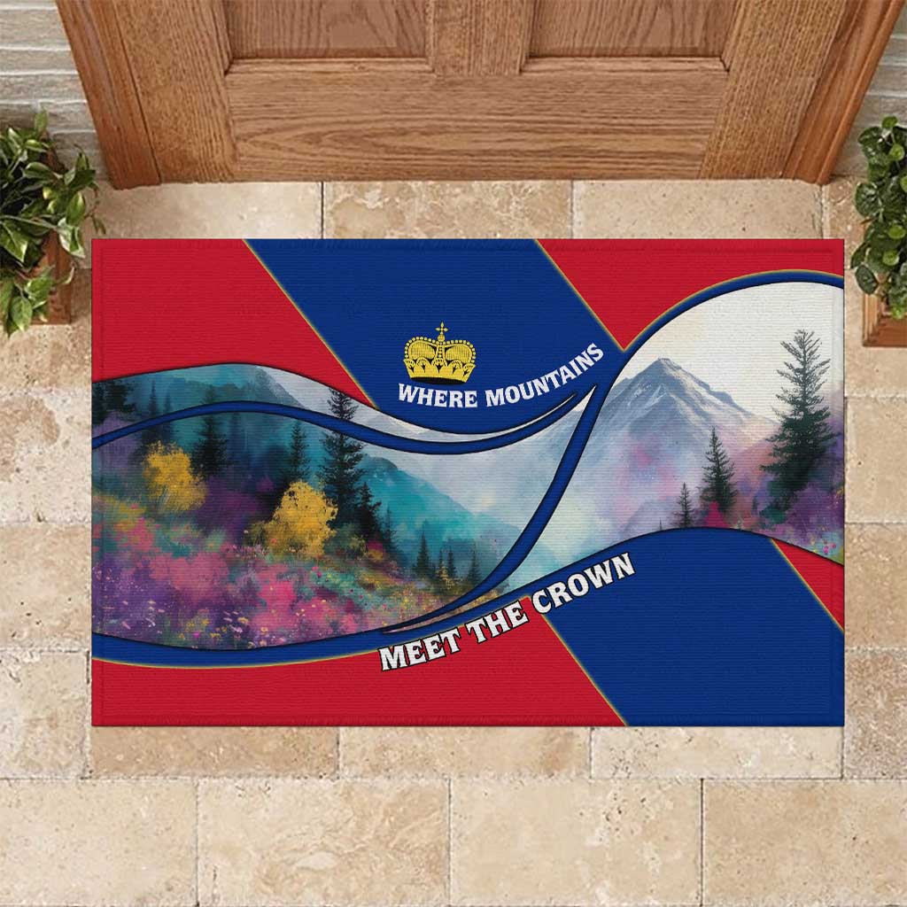 Liechtenstein Rubber Doormat with Red Blue Mountain Landscape Design and Crown Emblem - Wonder Print Shop