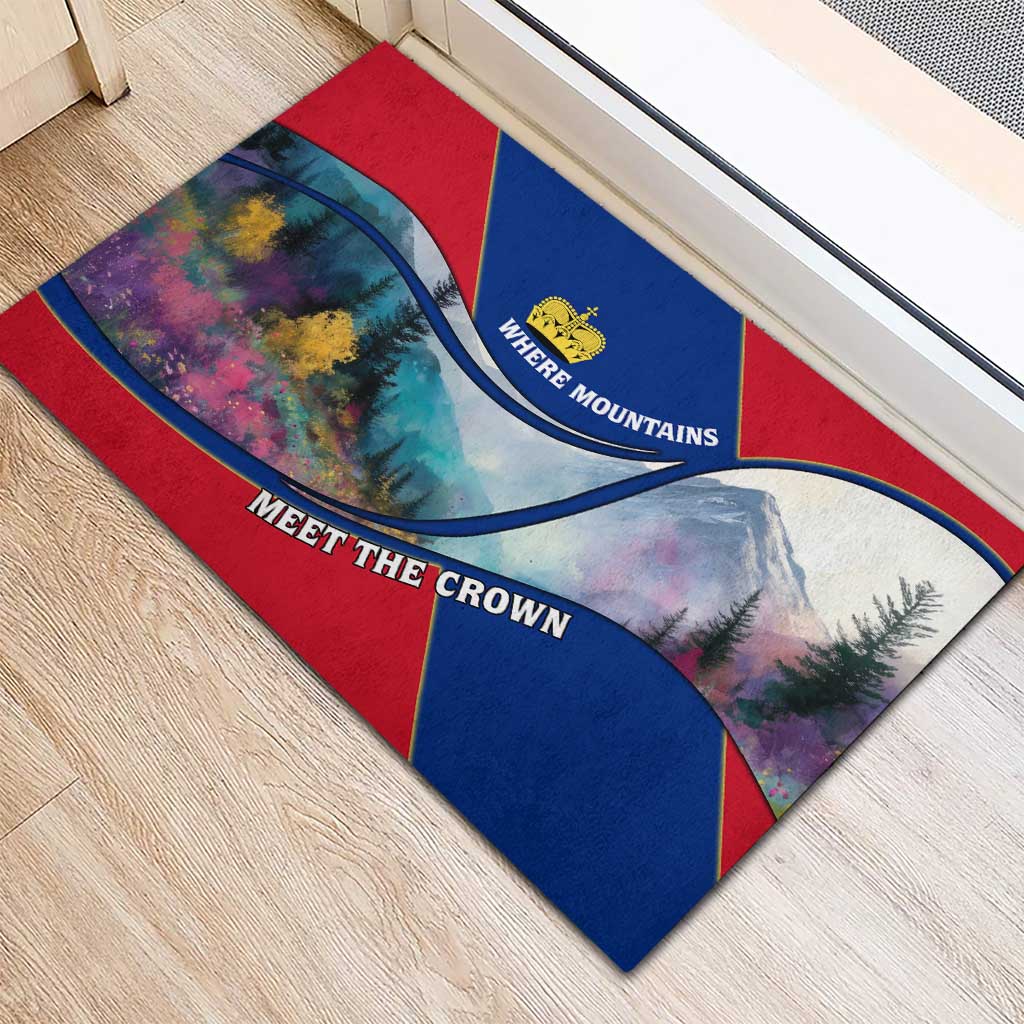 Liechtenstein Rubber Doormat with Red Blue Mountain Landscape Design and Crown Emblem - Wonder Print Shop
