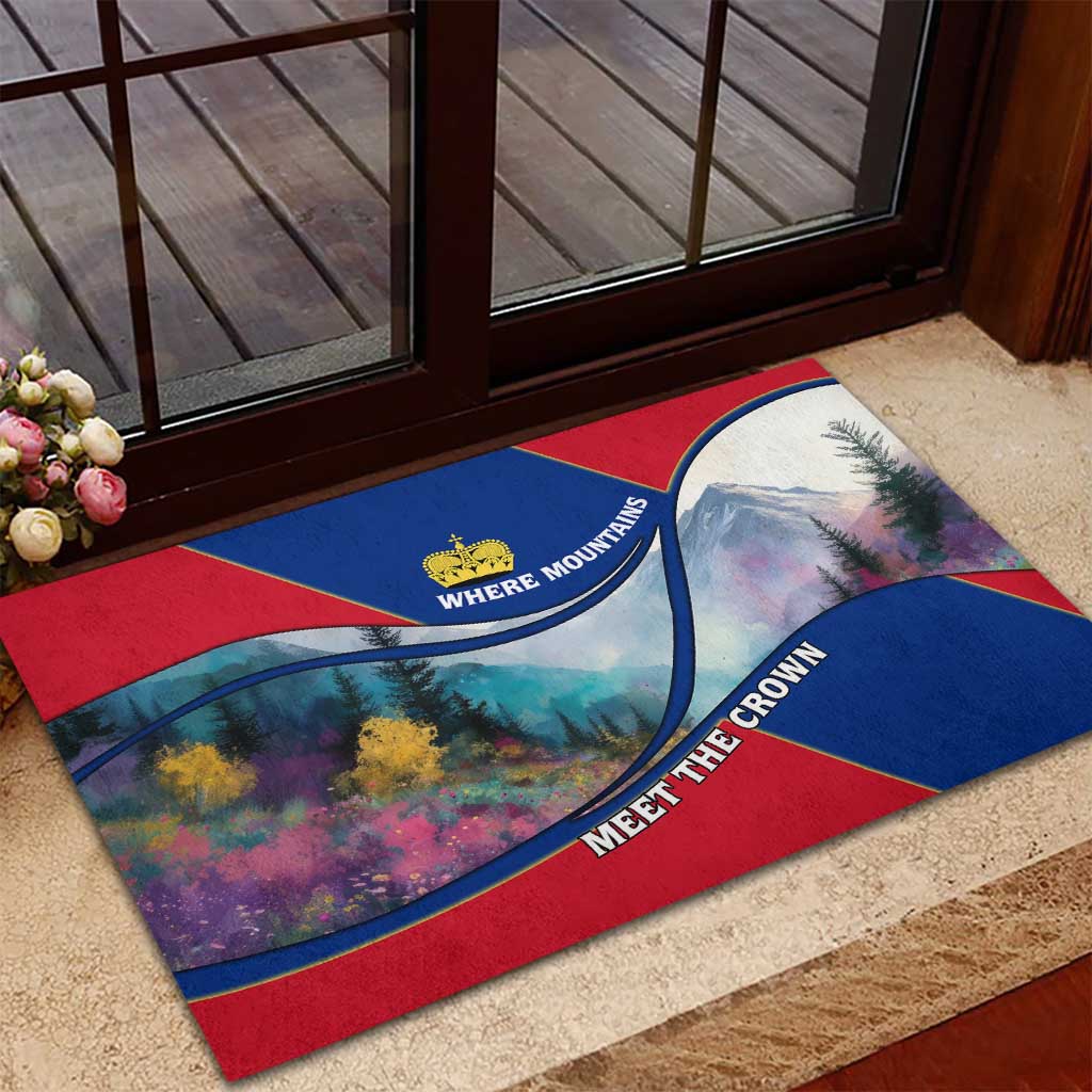 Liechtenstein Rubber Doormat with Red Blue Mountain Landscape Design and Crown Emblem - Wonder Print Shop