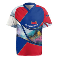 Liechtenstein Rugby Jersey with Red Blue Mountain Landscape Design and Crown Emblem - Wonder Print Shop