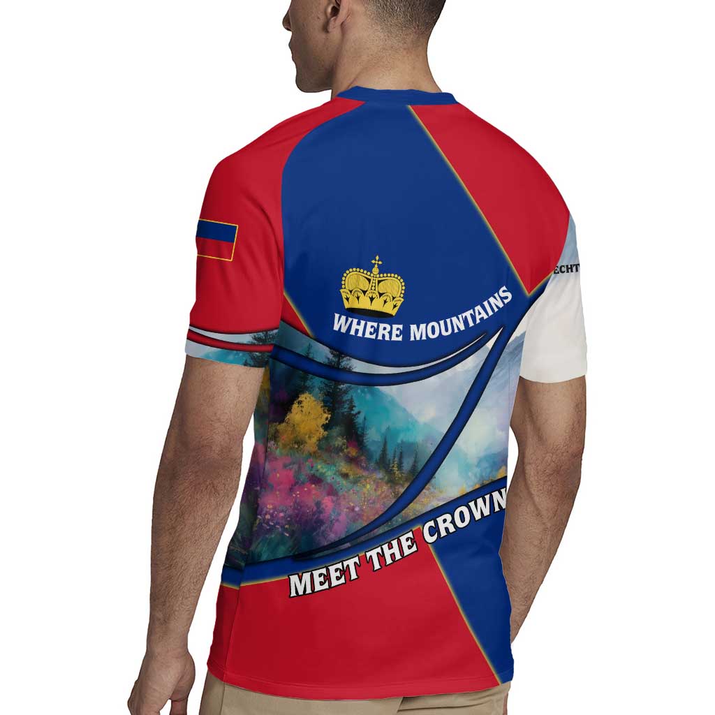 Liechtenstein Rugby Jersey with Red Blue Mountain Landscape Design and Crown Emblem - Wonder Print Shop