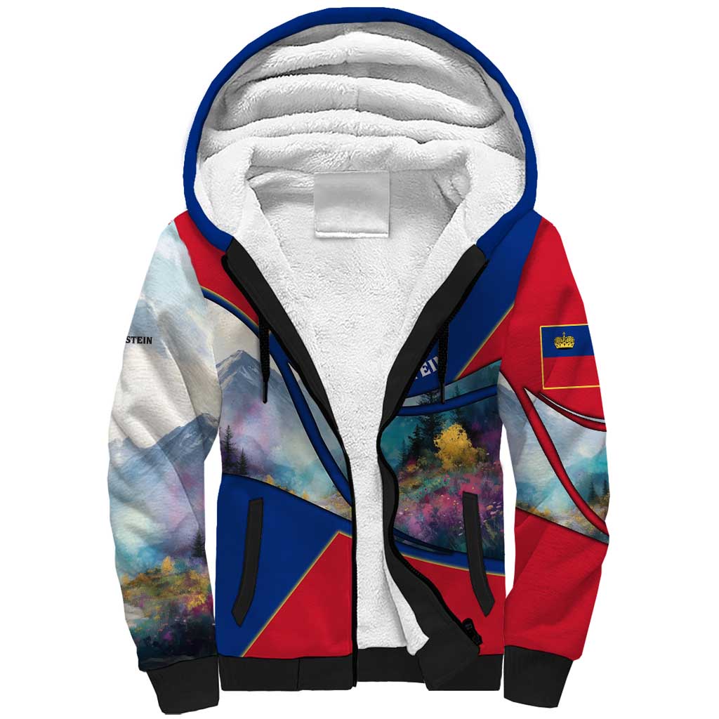 Liechtenstein Sherpa Hoodie with Red Blue Mountain Landscape Design and Crown Emblem - Wonder Print Shop