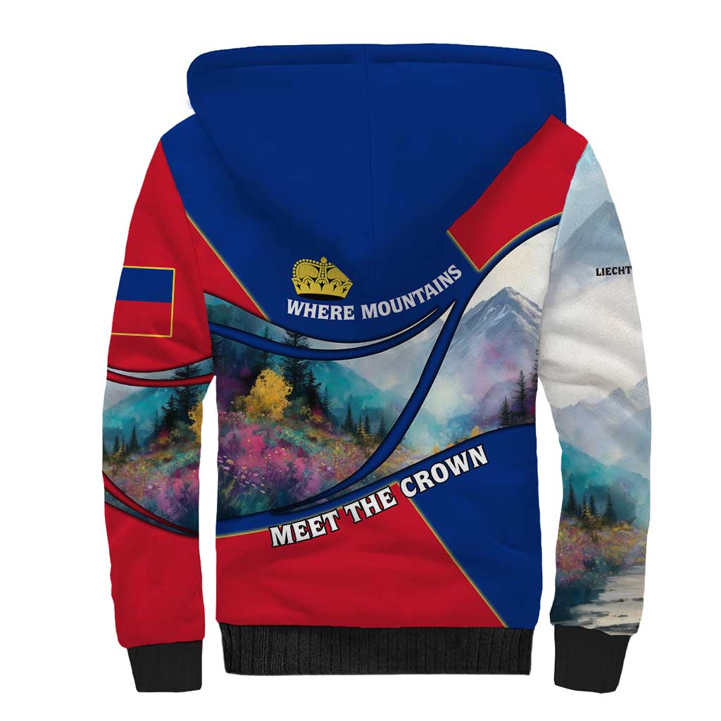 Liechtenstein Sherpa Hoodie with Red Blue Mountain Landscape Design and Crown Emblem - Wonder Print Shop