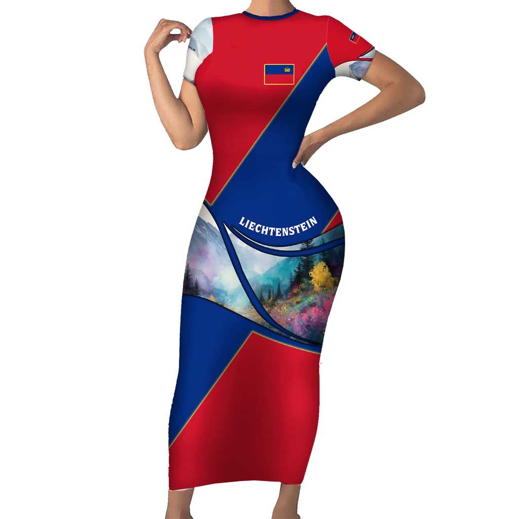 Liechtenstein Short Sleeve Bodycon Dress with Red Blue Mountain Landscape Design and Crown Emblem - Wonder Print Shop