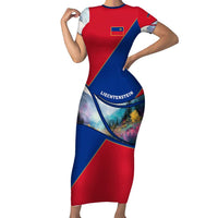 Liechtenstein Short Sleeve Bodycon Dress with Red Blue Mountain Landscape Design and Crown Emblem - Wonder Print Shop