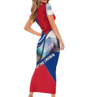 Liechtenstein Short Sleeve Bodycon Dress with Red Blue Mountain Landscape Design and Crown Emblem - Wonder Print Shop