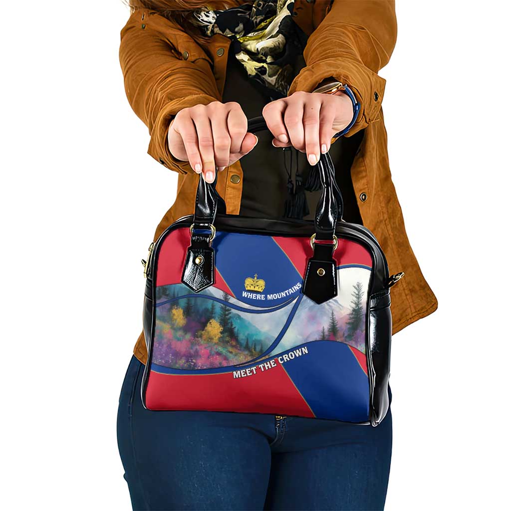 Liechtenstein Shoulder Handbag with Red Blue Mountain Landscape Design and Crown Emblem - Wonder Print Shop