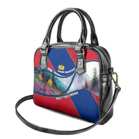 Liechtenstein Shoulder Handbag with Red Blue Mountain Landscape Design and Crown Emblem - Wonder Print Shop