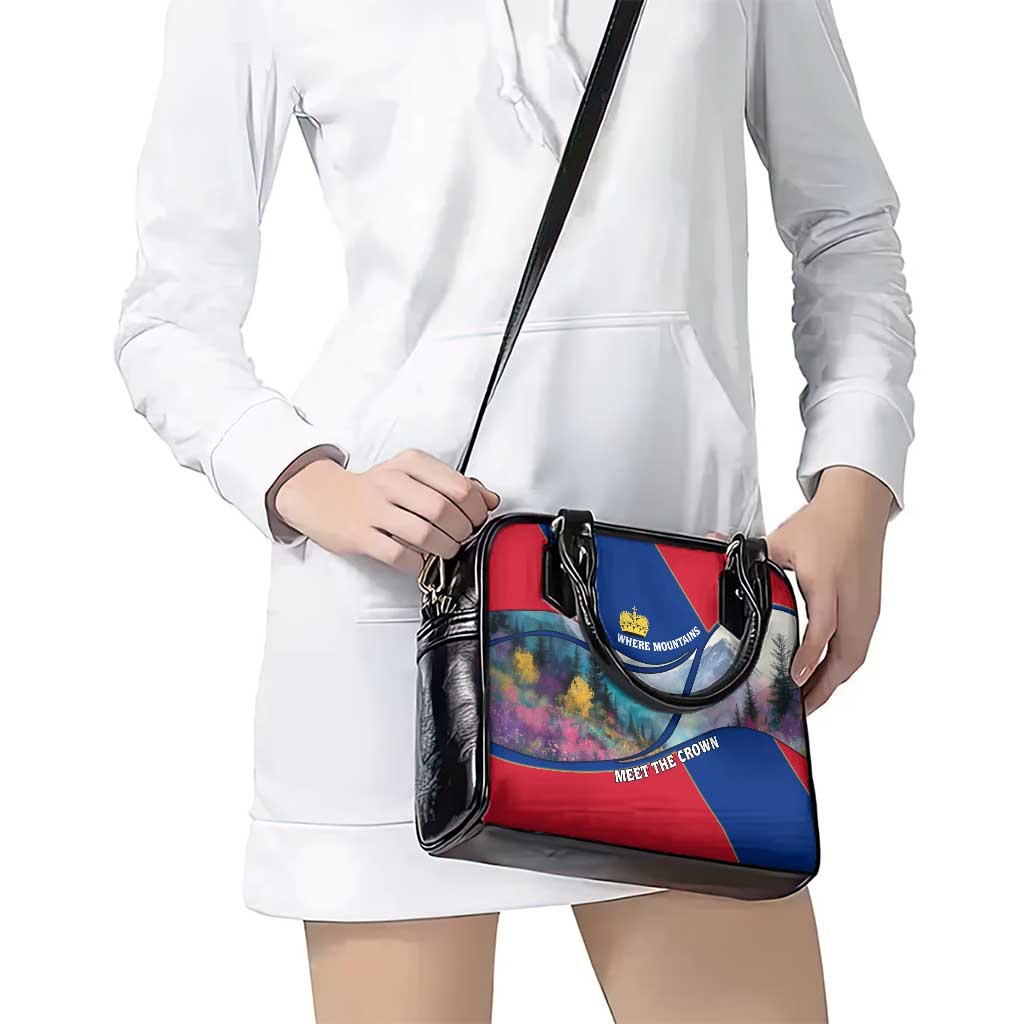 Liechtenstein Shoulder Handbag with Red Blue Mountain Landscape Design and Crown Emblem - Wonder Print Shop