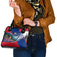 Liechtenstein Shoulder Handbag with Red Blue Mountain Landscape Design and Crown Emblem - Wonder Print Shop