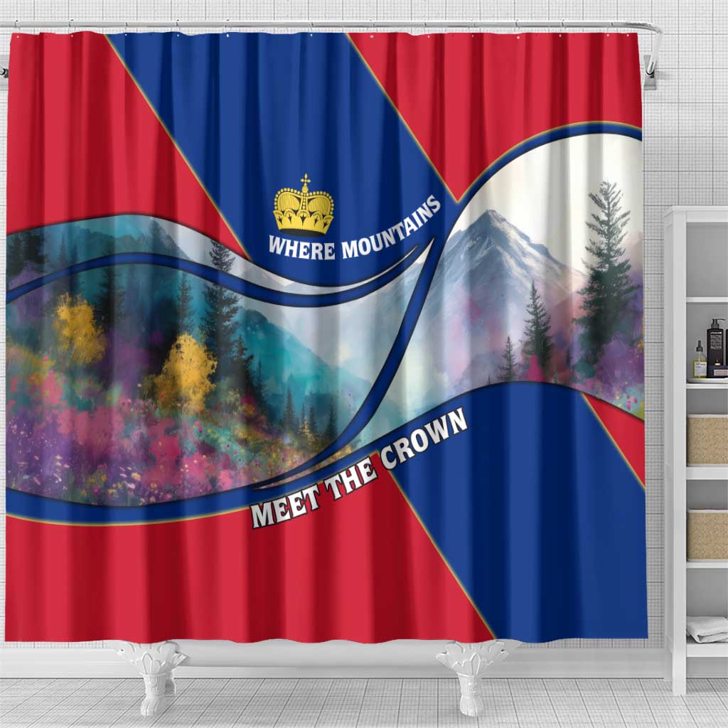 Liechtenstein Shower Curtain with Red Blue Mountain Landscape Design and Crown Emblem - Wonder Print Shop
