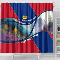 Liechtenstein Shower Curtain with Red Blue Mountain Landscape Design and Crown Emblem - Wonder Print Shop