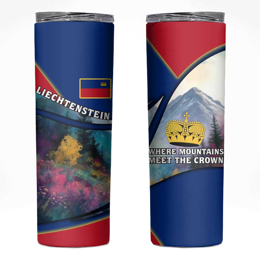 Liechtenstein Skinny Tumbler with Red Blue Mountain Landscape Design and Crown Emblem - Wonder Print Shop