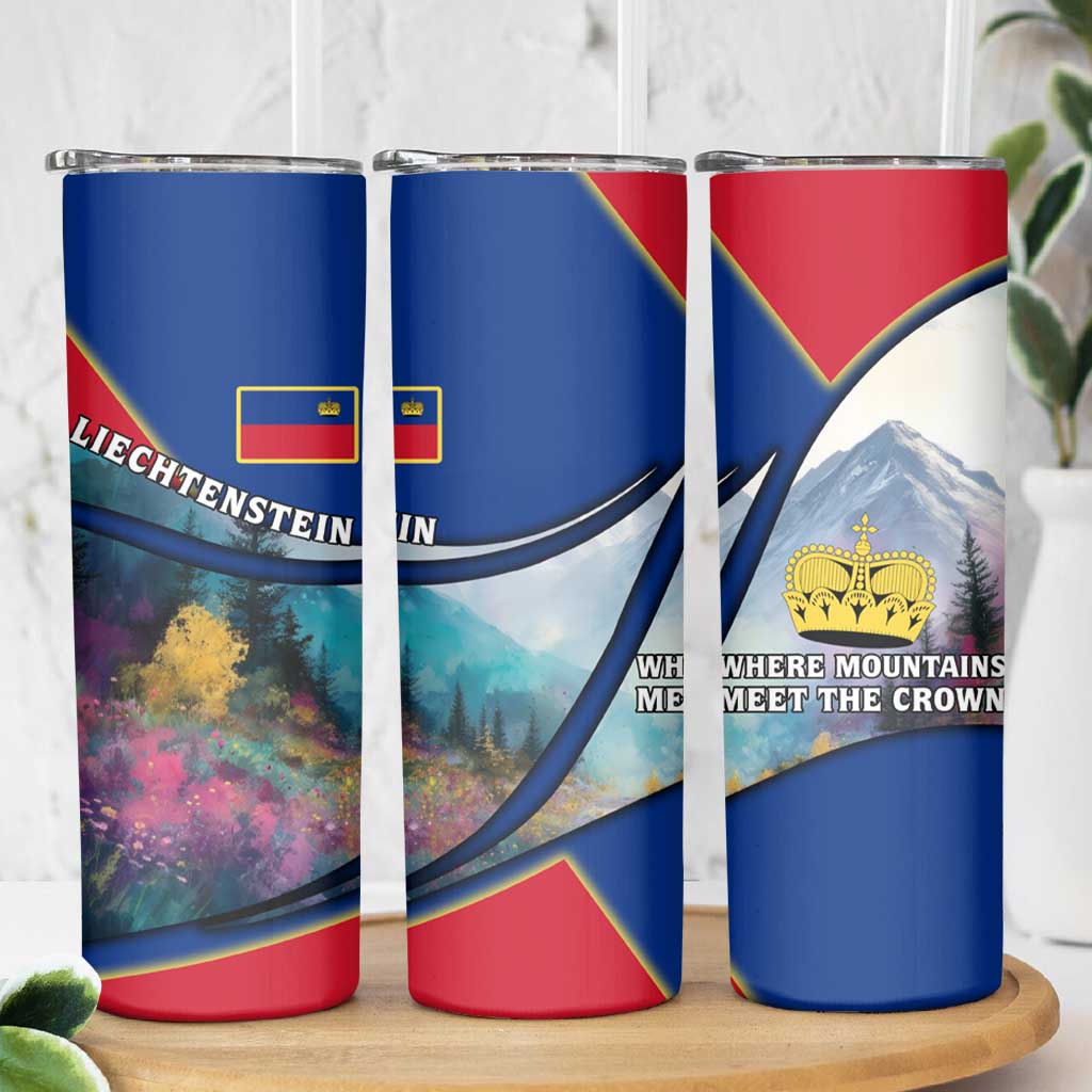 Liechtenstein Skinny Tumbler with Red Blue Mountain Landscape Design and Crown Emblem - Wonder Print Shop