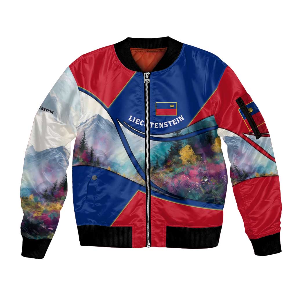 Liechtenstein Sleeve Zip Bomber Jacket with Red Blue Mountain Landscape Design and Crown Emblem - Wonder Print Shop