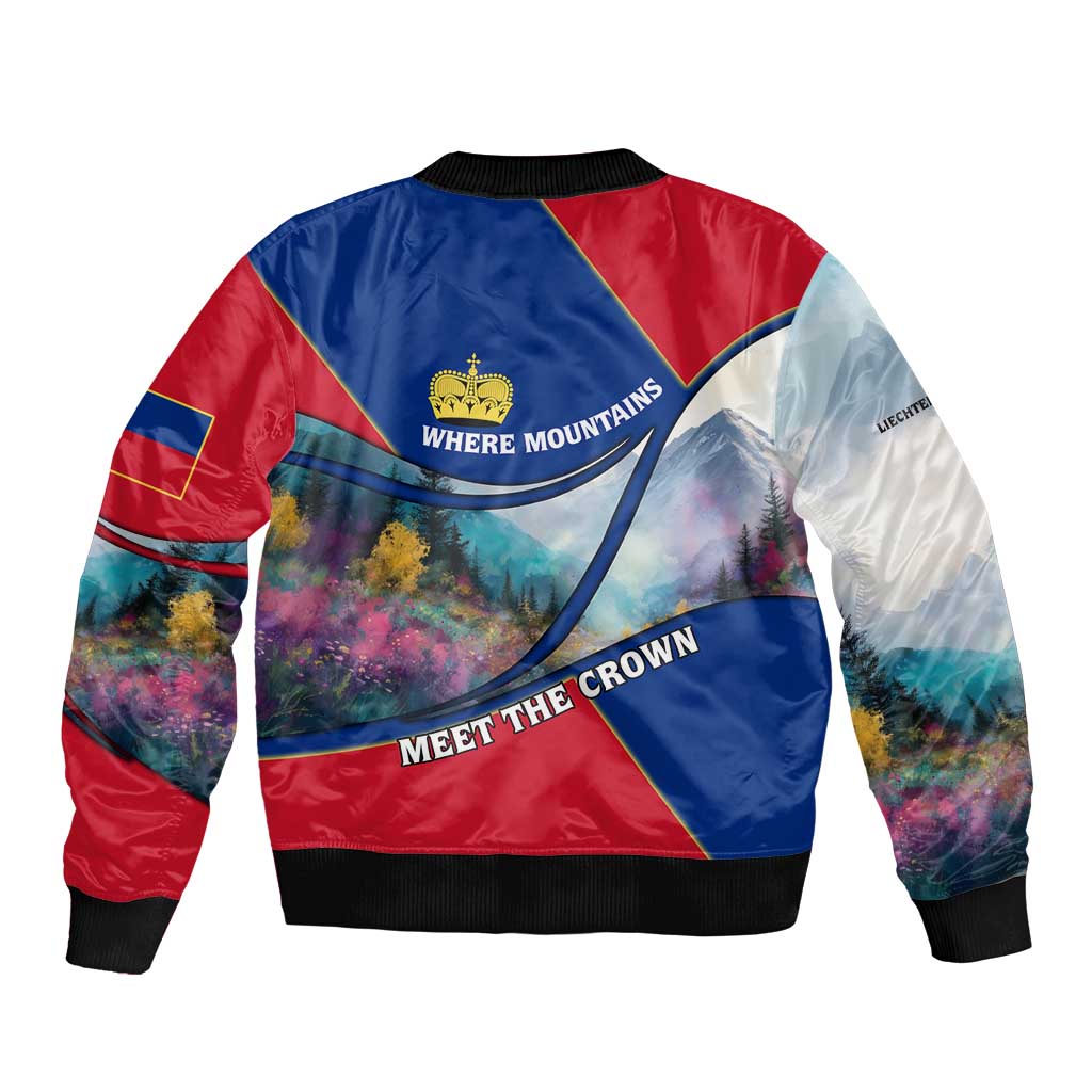 Liechtenstein Sleeve Zip Bomber Jacket with Red Blue Mountain Landscape Design and Crown Emblem - Wonder Print Shop