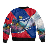 Liechtenstein Sleeve Zip Bomber Jacket with Red Blue Mountain Landscape Design and Crown Emblem - Wonder Print Shop