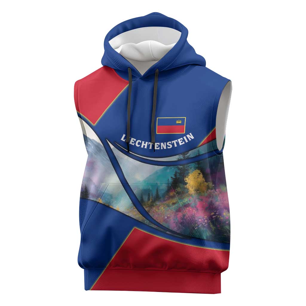 Liechtenstein Sleeveless Hoodie with Red Blue Mountain Landscape Design and Crown Emblem - Wonder Print Shop