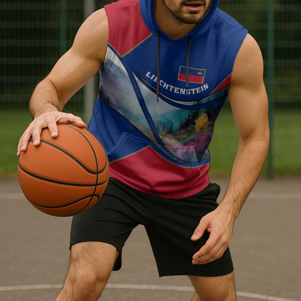 Liechtenstein Sleeveless Hoodie with Red Blue Mountain Landscape Design and Crown Emblem - Wonder Print Shop