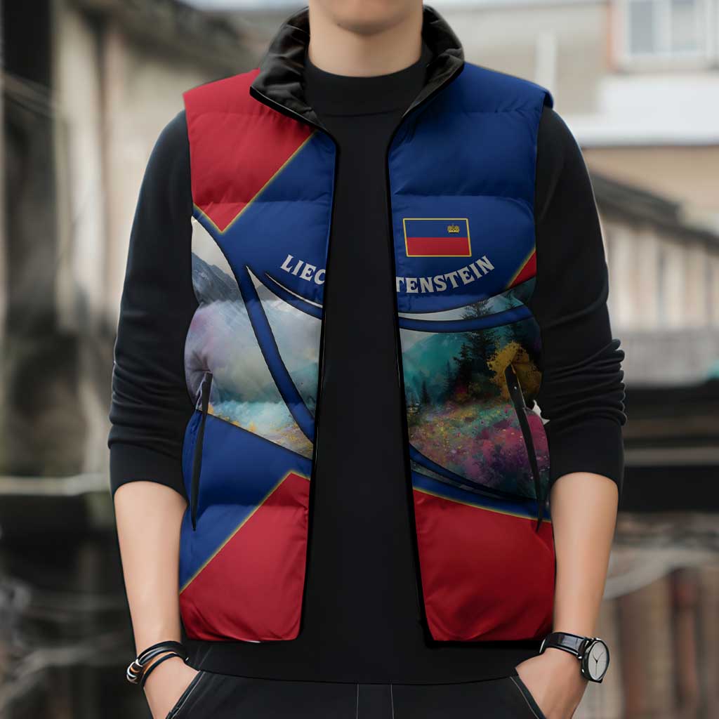 Liechtenstein Sleeveless Puffer Jacket with Red Blue Mountain Landscape Design and Crown Emblem - Wonder Print Shop