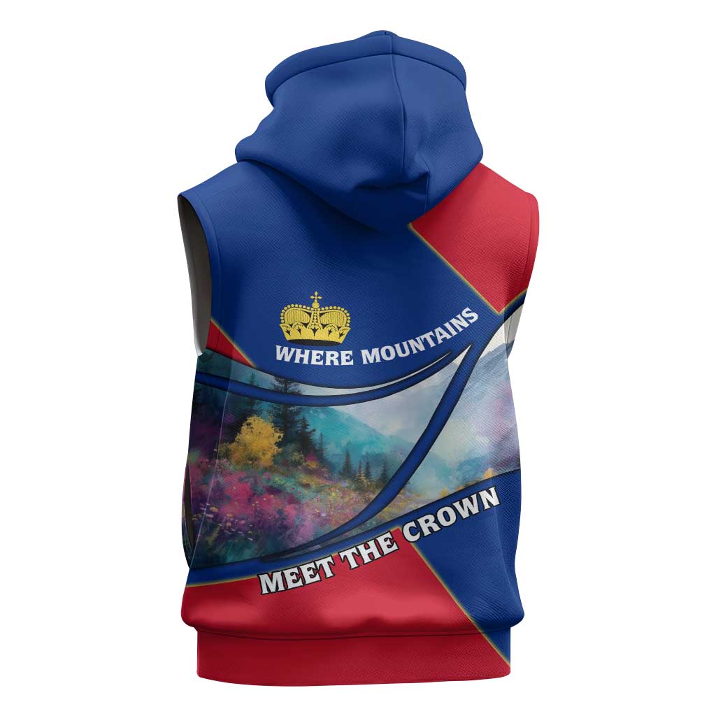 Liechtenstein Sleeveless Zip Hoodie with Red Blue Mountain Landscape Design and Crown Emblem - Wonder Print Shop