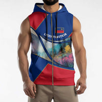 Liechtenstein Sleeveless Zip Hoodie with Red Blue Mountain Landscape Design and Crown Emblem - Wonder Print Shop