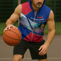 Liechtenstein Sleeveless Zip Hoodie with Red Blue Mountain Landscape Design and Crown Emblem - Wonder Print Shop