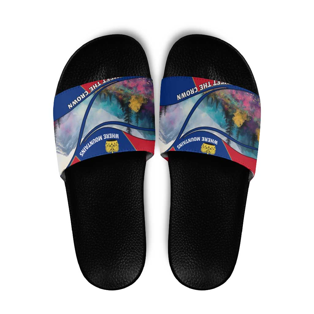 Liechtenstein Slide Sandals with Red Blue Mountain Landscape Design and Crown Emblem - Wonder Print Shop