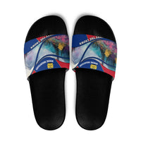 Liechtenstein Slide Sandals with Red Blue Mountain Landscape Design and Crown Emblem - Wonder Print Shop